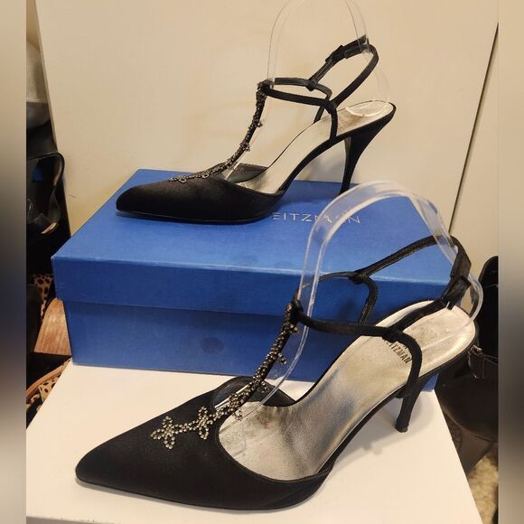 (image for) Stuart Weitzman Black Satin Crystal Rhinestone Jeweled T-strap Pumps Sz.8 $425